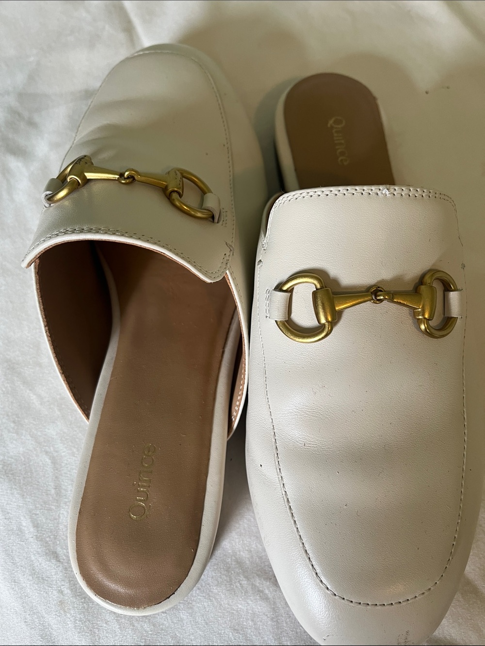 Quince Women's White Leather Slip-On Mules with Gold Bit